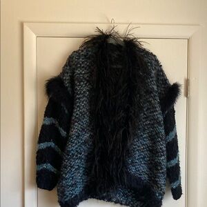 Chunky Knit Sweater with Feather Trim